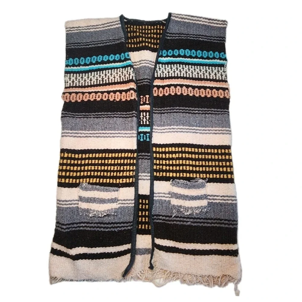 Mexican Blanket Vest Serape Rug Fringe  1960s 1970s VTG